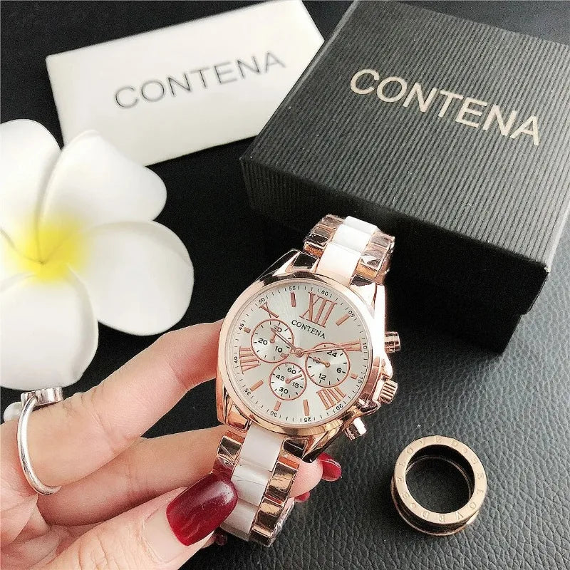 The New Watch Is Made of Ceramic Macaron Adhesive Alloy and Geneva Three Eyed Six Needle Decorative Women's Fashion Quartz