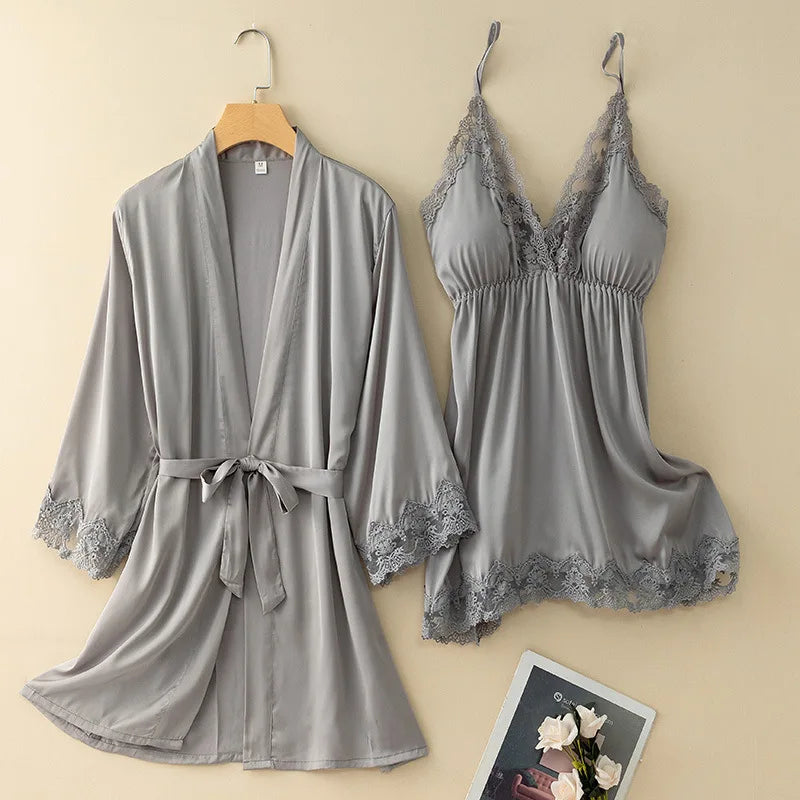 V-Neck Nighty&robe Set Sexy Lace Edge Kimono Bathrobe Nightgown Women Casual Homewear Sexy Lingerie Sling Sleepwear Loungewear