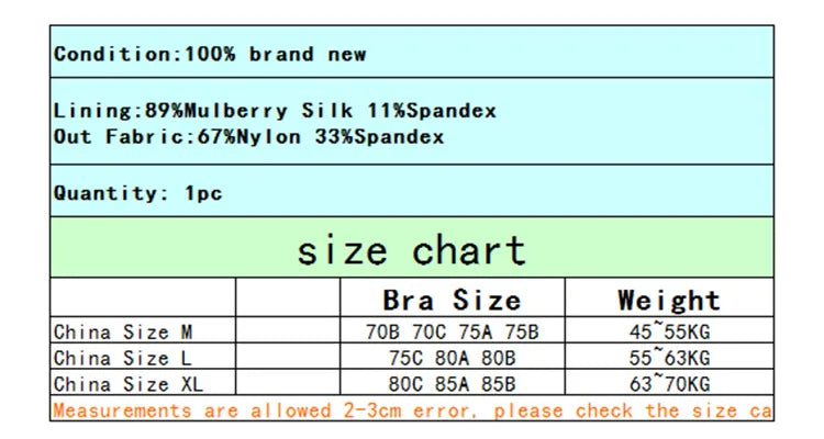 Women Silk Bra 89% Mulberry Silk 11% Spandex Lining 3/4 Cups Everyday wear Bra Wireless Wire Free Beige Black Intimates TA002