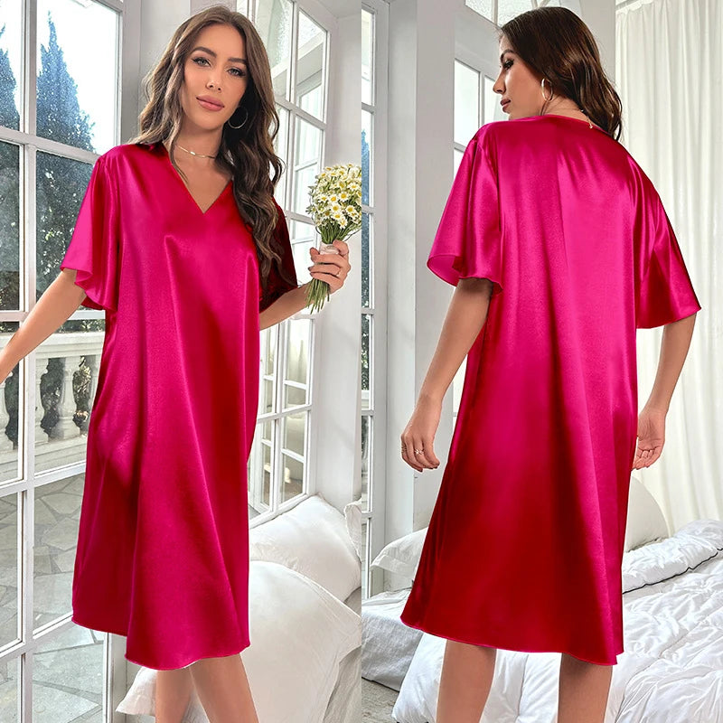 Sexy Deep V-Neck Nightgown Women's Navy Blue Home Dress Oversized Loose Casual Sleepwear Silk Satin Chemise Nightdress Nightwear