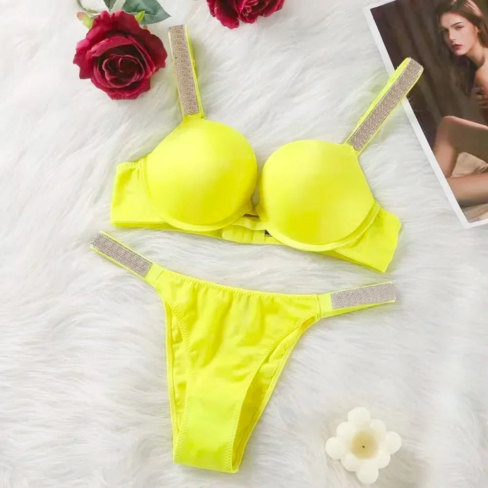 Women Bra Set Sexy Underwear Vs Push Up Bra And Panty Set Letter Rhinestones Panties G String Pink Lingerie Set For Woman
