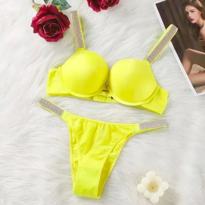 Women Bra Set Sexy Underwear Vs Push Up Bra And Panty Set Letter Rhinestones Panties G String Pink Lingerie Set For Woman