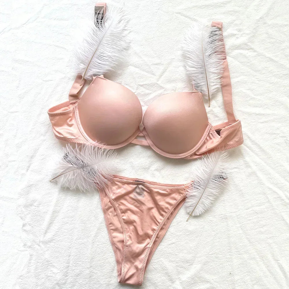 Women Bra Set Sexy Underwear Vs Push Up Bra And Panty Set Letter Rhinestones Panties G String Pink Lingerie Set For Woman