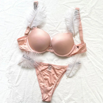 Women Bra Set Sexy Underwear Vs Push Up Bra And Panty Set Letter Rhinestones Panties G String Pink Lingerie Set For Woman