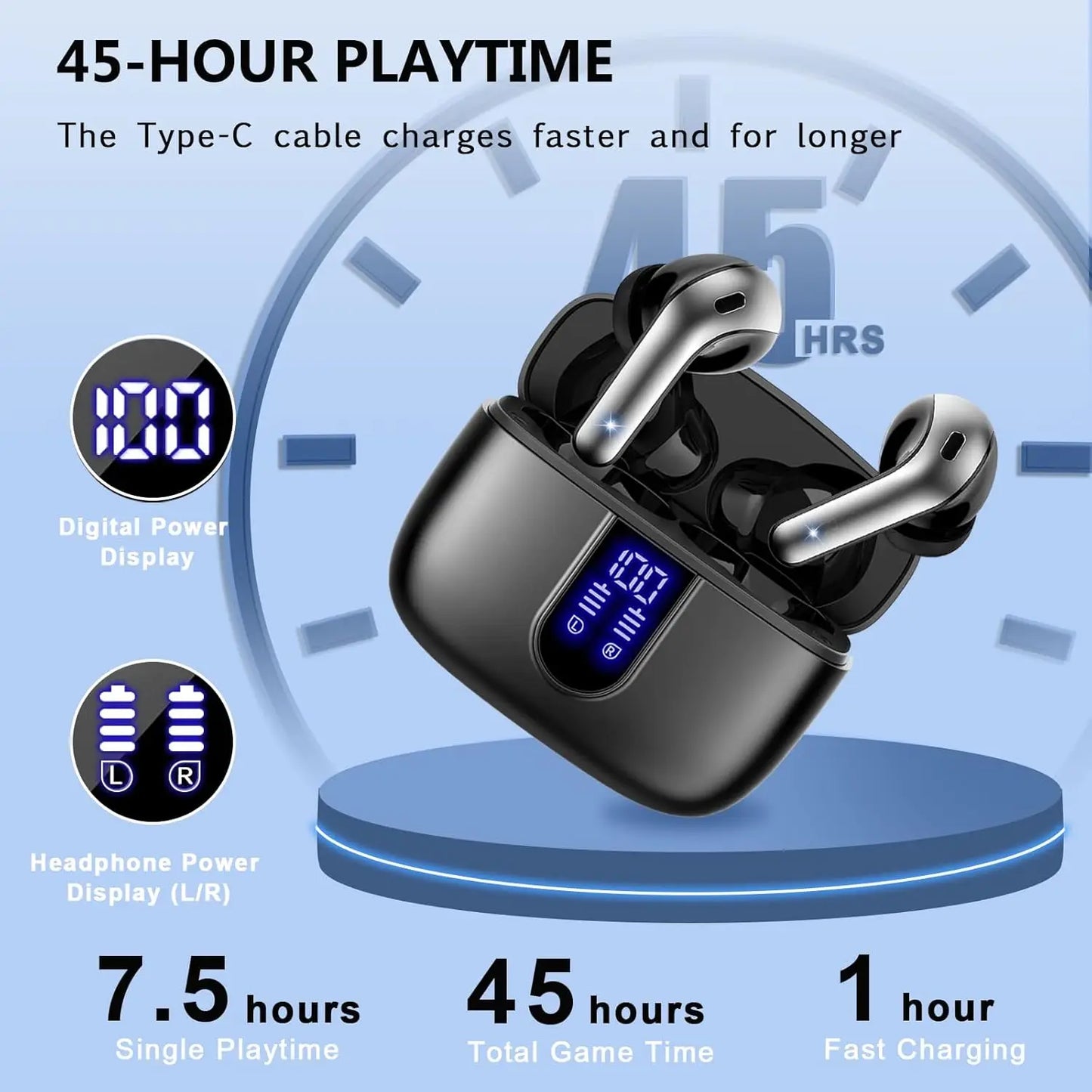 Bluetooth Earbuds V5.3, 45H Playtime, LED Display, Bluetooth Headphones with Mic, Touch Control, IPX5 Waterproof