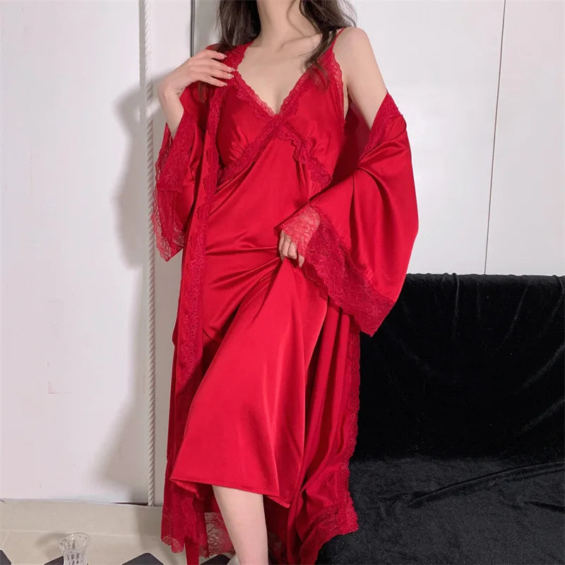 Elegant Female Nighty&Robe Set Long Bathrobe Nightgown Sexy Lace Trim Nightdress Sleepwear Spring Summer Silk Satin Home Wear