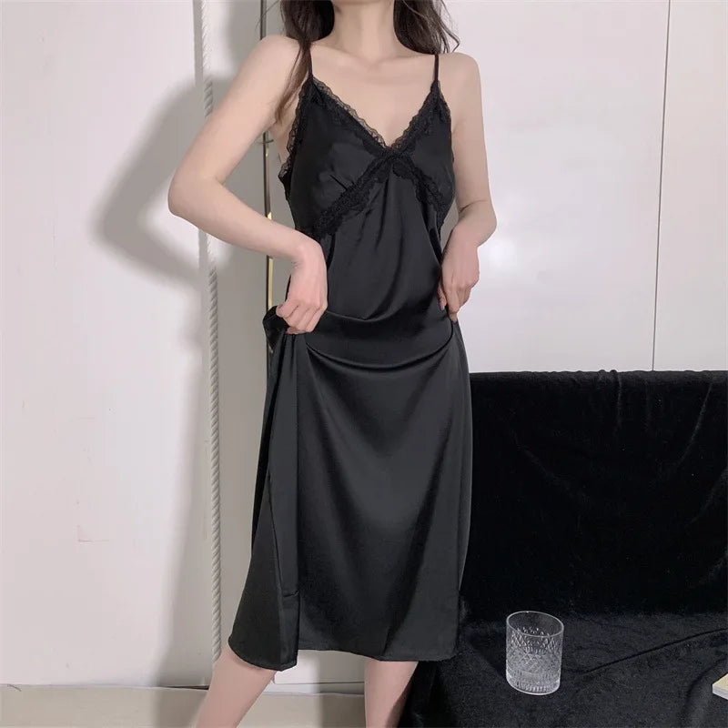 Elegant Female Nighty&Robe Set Long Bathrobe Nightgown Sexy Lace Trim Nightdress Sleepwear Spring Summer Silk Satin Home Wear