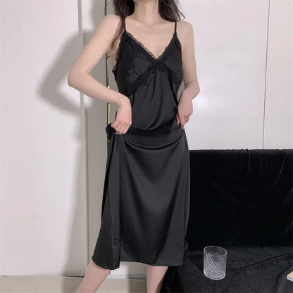 Elegant Female Nighty&Robe Set Long Bathrobe Nightgown Sexy Lace Trim Nightdress Sleepwear Spring Summer Silk Satin Home Wear