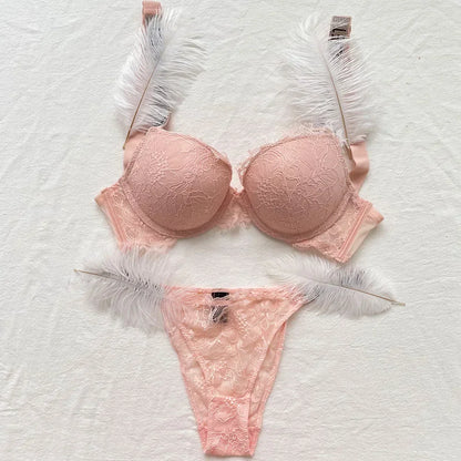Women Bra Set Sexy Underwear Vs Push Up Bra And Panty Set Letter Rhinestones Panties G String Pink Lingerie Set For Woman