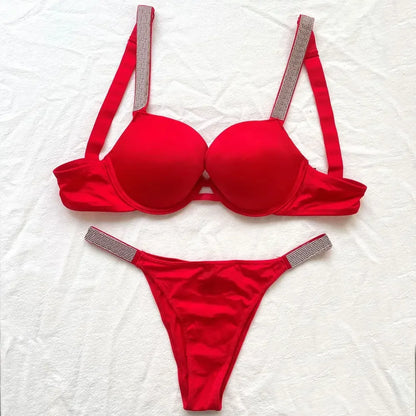 Women Bra Set Sexy Underwear Vs Push Up Bra And Panty Set Letter Rhinestones Panties G String Pink Lingerie Set For Woman