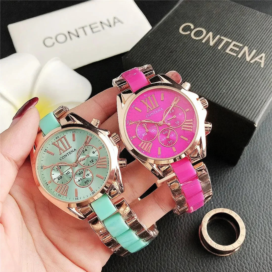 The New Watch Is Made of Ceramic Macaron Adhesive Alloy and Geneva Three Eyed Six Needle Decorative Women's Fashion Quartz