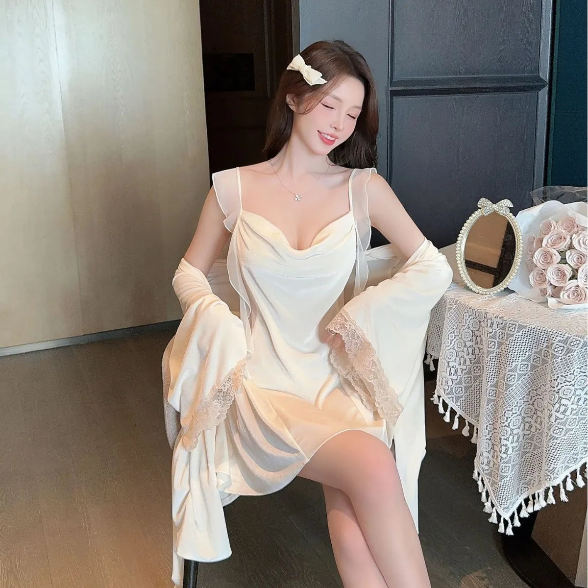 2Pcs Nighty&robe Women Sleepwear Sexy Strappy Nightdress Loos Kimono Gown Bathrobe Suit Warm Velour Nightgown