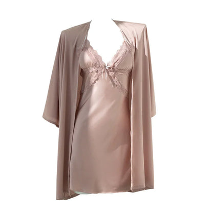 Lace Women Nighty Robe Set Rayon Bathrobe Gown Loungewear Sexy Nightgown Sleepwear Summer Kimono Home Dress