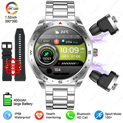 2025 New Smart Watch with TWS Earbuds 1.52 Inch AMOLED IP67 Waterproof Bluetooth Calls MP3 Music Smartwatch for Men Android iOS