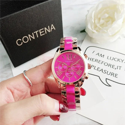 The New Watch Is Made of Ceramic Macaron Adhesive Alloy and Geneva Three Eyed Six Needle Decorative Women's Fashion Quartz