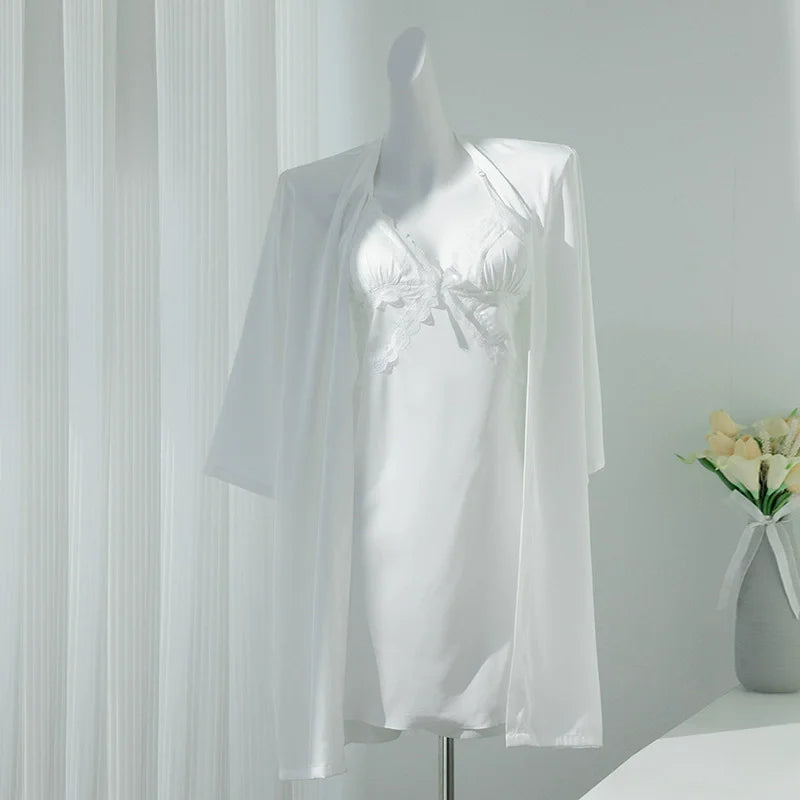 Lace Women Nighty Robe Set Rayon Bathrobe Gown Loungewear Sexy Nightgown Sleepwear Summer Kimono Home Dress