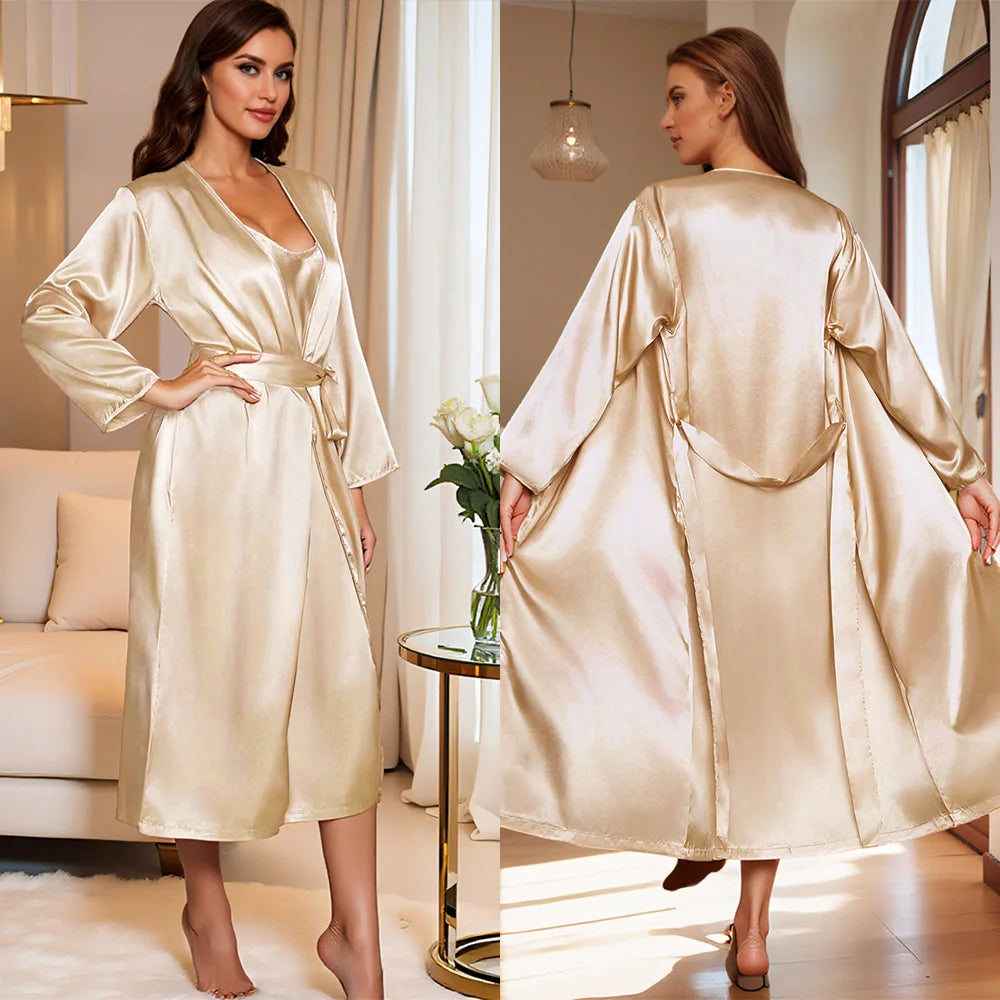 Sexy Long Nighty&Robe Set Nightgown Spring Summer Female Sleepwear Suspender Nightdress Solid Color Satin Homewear