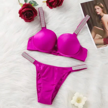 Women Bra Set Sexy Underwear Vs Push Up Bra And Panty Set Letter Rhinestones Panties G String Pink Lingerie Set For Woman