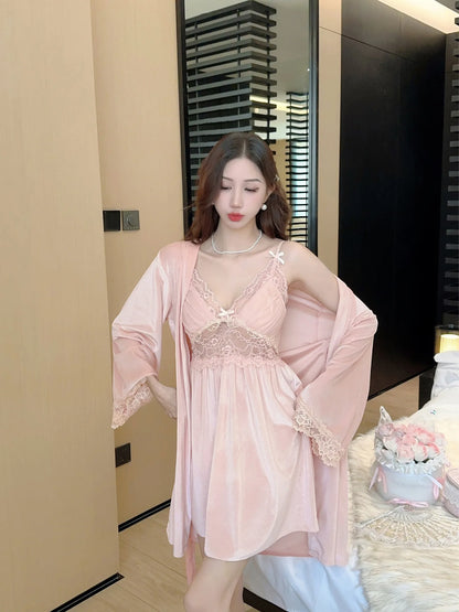 Female Nighty&Robe Set Autumn Winter New Kimono Bathrobe Gown Sexy Velvet Sleepwear Nightdress Two Piece Set Loose Home Dress