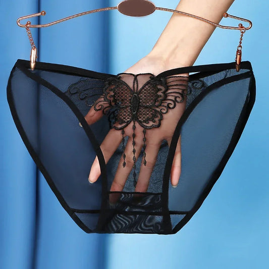 Women Sexy Underwear Lace Mesh See-through Comfortable Briefs Lace Butterfly Embroidery Breathable Low Waist Underpants