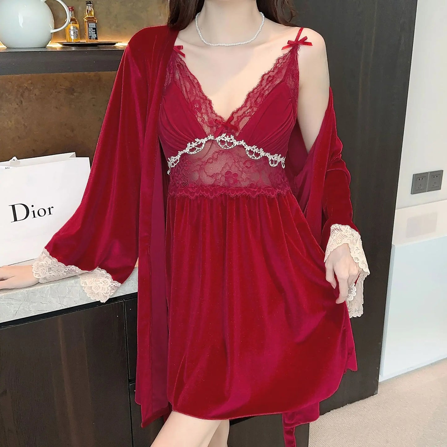 Female Nighty&Robe Set Autumn Winter New Kimono Bathrobe Gown Sexy Velvet Sleepwear Nightdress Two Piece Set Loose Home Dress