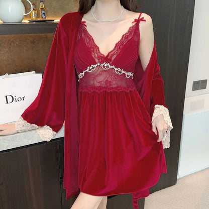 Female Nighty&Robe Set Autumn Winter New Kimono Bathrobe Gown Sexy Velvet Sleepwear Nightdress Two Piece Set Loose Home Dress