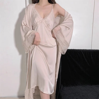 Elegant Female Nighty&Robe Set Long Bathrobe Nightgown Sexy Lace Trim Nightdress Sleepwear Spring Summer Silk Satin Home Wear