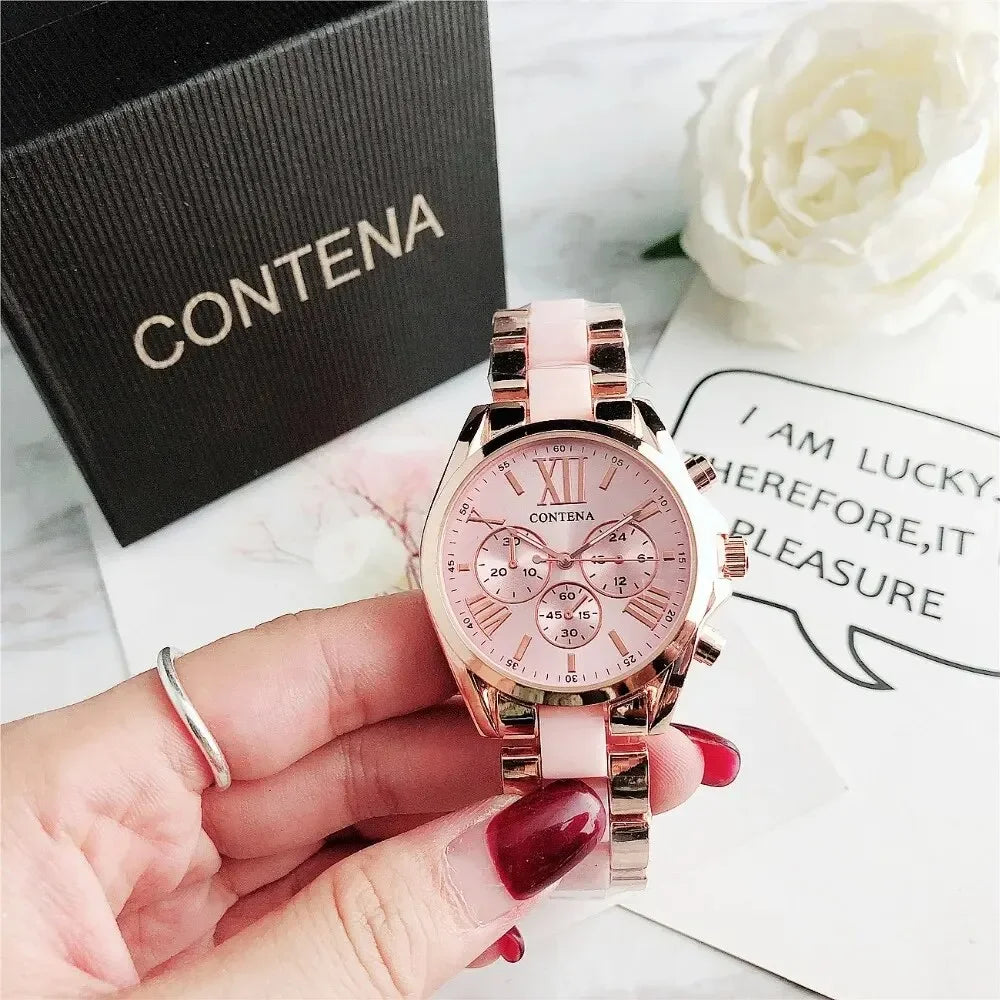 The New Watch Is Made of Ceramic Macaron Adhesive Alloy and Geneva Three Eyed Six Needle Decorative Women's Fashion Quartz