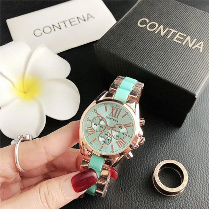 The New Watch Is Made of Ceramic Macaron Adhesive Alloy and Geneva Three Eyed Six Needle Decorative Women's Fashion Quartz