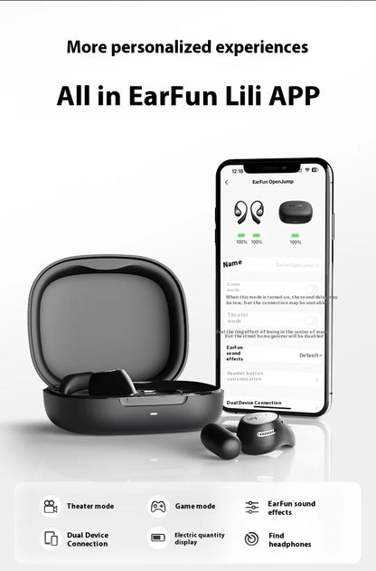 EarFun OpenJump Open-Ear Wireless Earbuds 4-mic AI Noise Cancellation IPX7 Waterproof Hi-Res LDAC Low Latency Earphone Custom