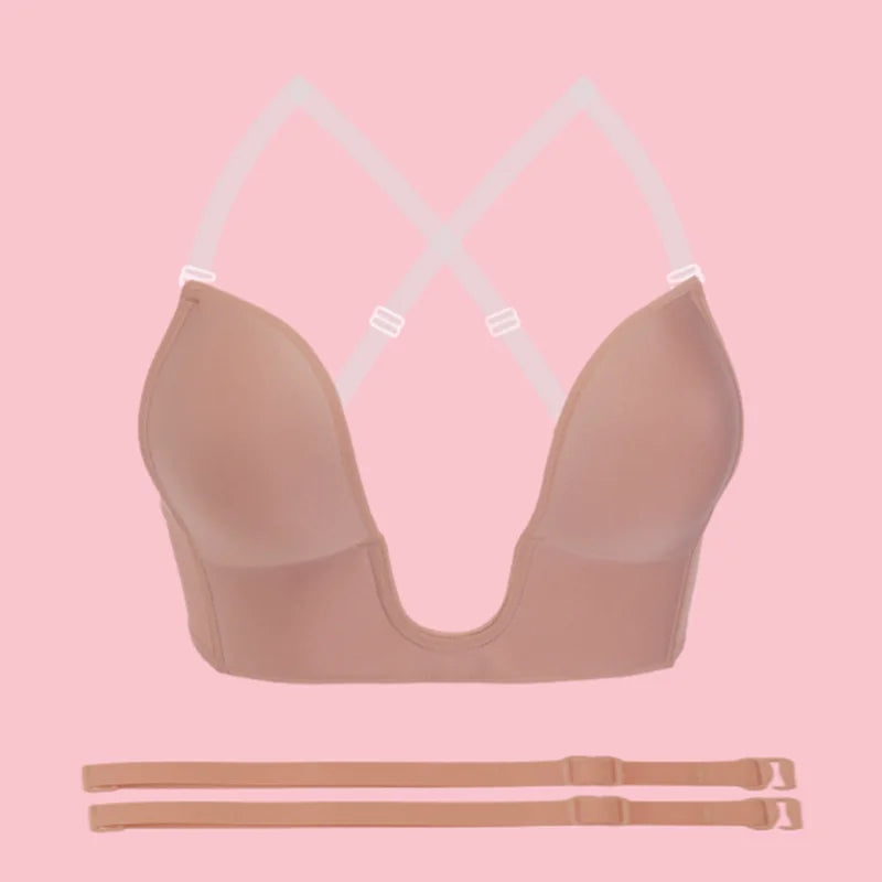 Womens Low Back Bra Wire Lifting Deep U Shaped Plunge Backless Bra with Multiway Convertible Clear Straps Body Shaper Lingeres