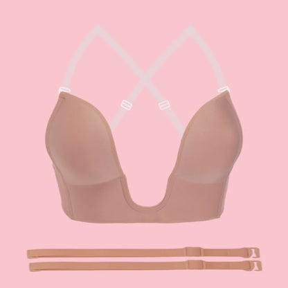Womens Low Back Bra Wire Lifting Deep U Shaped Plunge Backless Bra with Multiway Convertible Clear Straps Body Shaper Lingeres