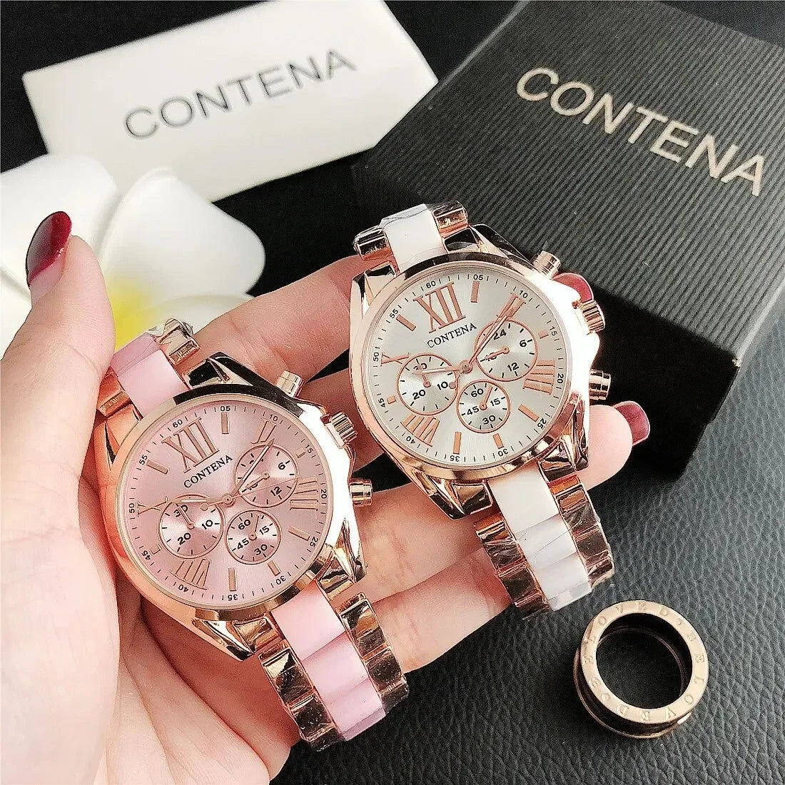The New Watch Is Made of Ceramic Macaron Adhesive Alloy and Geneva Three Eyed Six Needle Decorative Women's Fashion Quartz