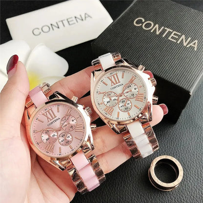 The New Watch Is Made of Ceramic Macaron Adhesive Alloy and Geneva Three Eyed Six Needle Decorative Women's Fashion Quartz