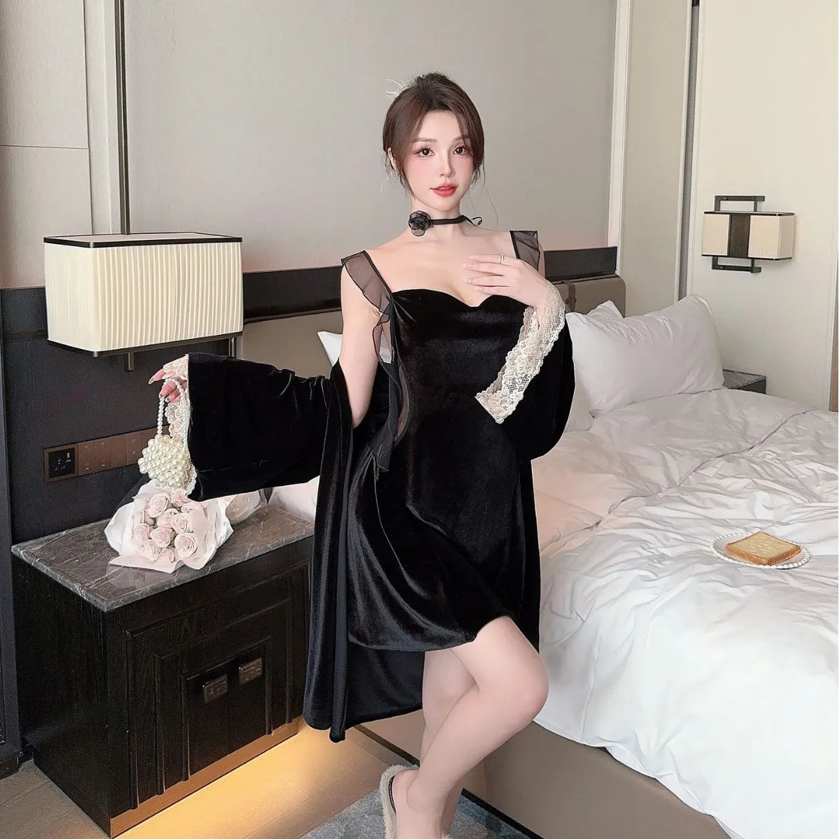 2Pcs Nighty&robe Women Sleepwear Sexy Strappy Nightdress Loos Kimono Gown Bathrobe Suit Warm Velour Nightgown