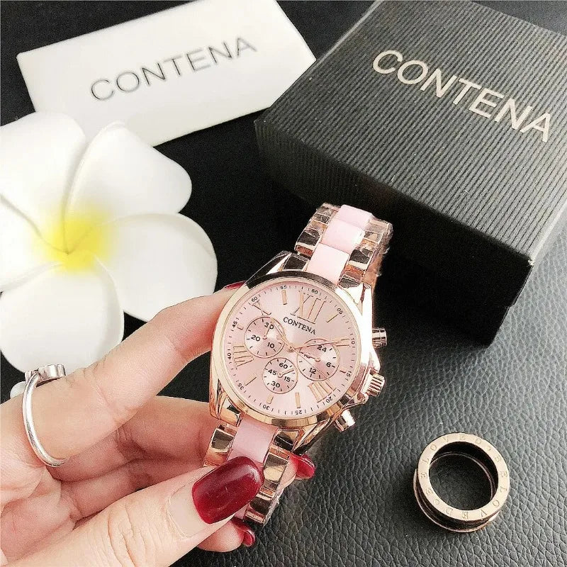 The New Watch Is Made of Ceramic Macaron Adhesive Alloy and Geneva Three Eyed Six Needle Decorative Women's Fashion Quartz