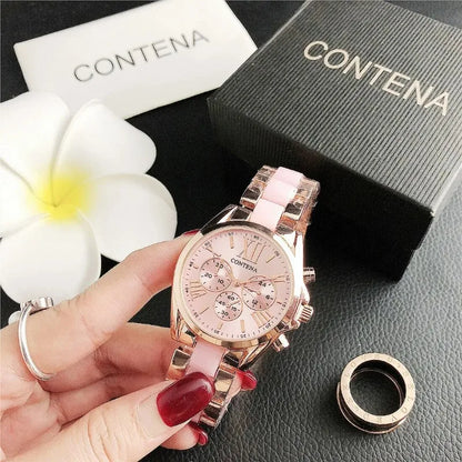 The New Watch Is Made of Ceramic Macaron Adhesive Alloy and Geneva Three Eyed Six Needle Decorative Women's Fashion Quartz