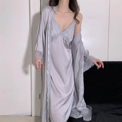 Elegant Female Nighty&Robe Set Long Bathrobe Nightgown Sexy Lace Trim Nightdress Sleepwear Spring Summer Silk Satin Home Wear