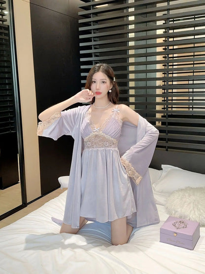 Female Nighty&Robe Set Autumn Winter New Kimono Bathrobe Gown Sexy Velvet Sleepwear Nightdress Two Piece Set Loose Home Dress