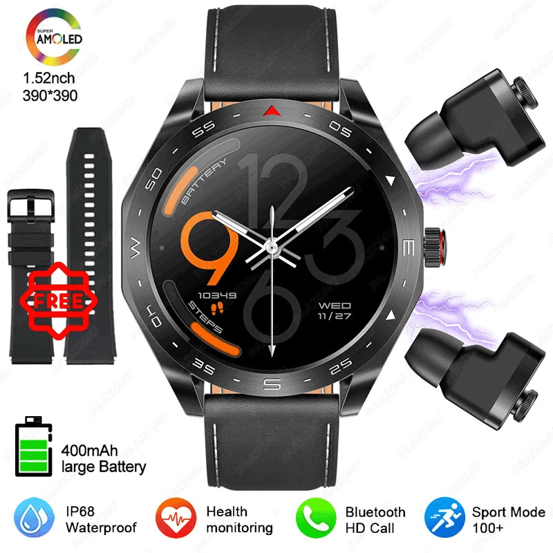 2025 New Smart Watch with TWS Earbuds 1.52 Inch AMOLED IP67 Waterproof Bluetooth Calls MP3 Music Smartwatch for Men Android iOS