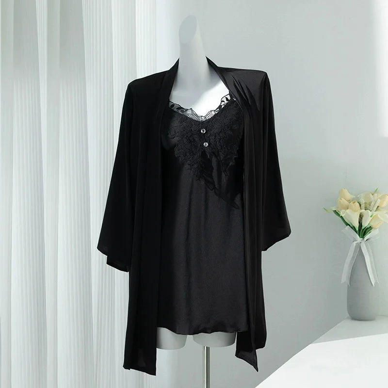 Sexy Lace Nighty&Robe Set Nightgown Silky Satin Home Dress Lounge Wear Summer Female Sleepwear Kimono Bathrobe Gown Lingerie