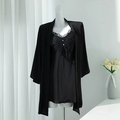 Sexy Lace Nighty&Robe Set Nightgown Silky Satin Home Dress Lounge Wear Summer Female Sleepwear Kimono Bathrobe Gown Lingerie