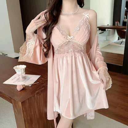 Female Nighty&Robe Set Autumn Winter New Kimono Bathrobe Gown Sexy Velvet Sleepwear Nightdress Two Piece Set Loose Home Dress