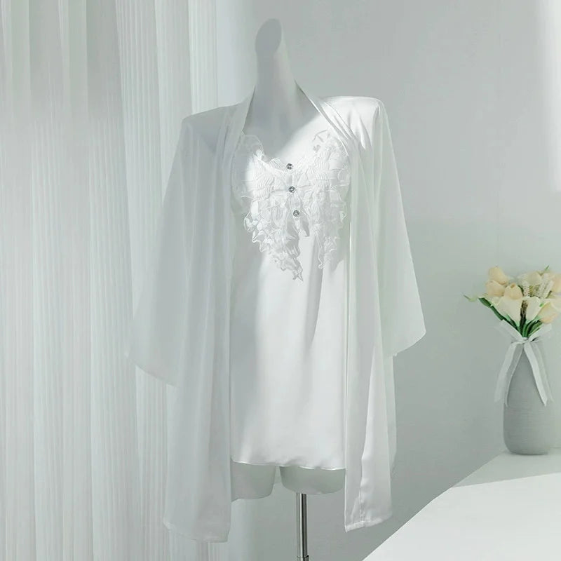 Sexy Lace Nighty&Robe Set Nightgown Silky Satin Home Dress Lounge Wear Summer Female Sleepwear Kimono Bathrobe Gown Lingerie