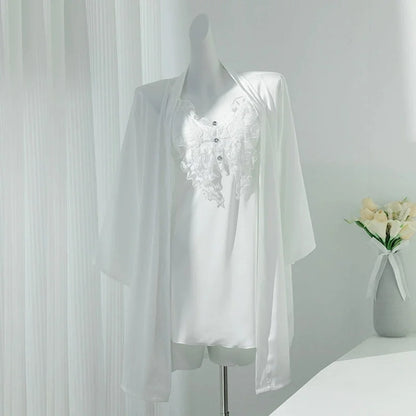 Sexy Lace Nighty&Robe Set Nightgown Silky Satin Home Dress Lounge Wear Summer Female Sleepwear Kimono Bathrobe Gown Lingerie