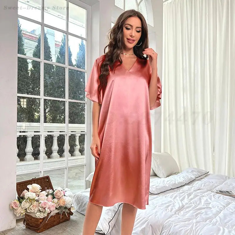 Sexy Deep V-Neck Nightgown Women's Navy Blue Home Dress Oversized Loose Casual Sleepwear Silk Satin Chemise Nightdress Nightwear