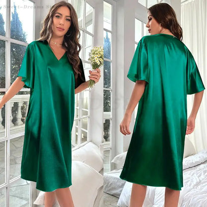 Sexy Deep V-Neck Nightgown Women's Navy Blue Home Dress Oversized Loose Casual Sleepwear Silk Satin Chemise Nightdress Nightwear