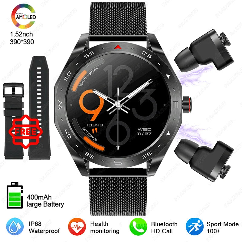 2025 New Smart Watch with TWS Earbuds 1.52 Inch AMOLED IP67 Waterproof Bluetooth Calls MP3 Music Smartwatch for Men Android iOS