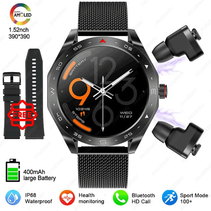 2025 New Smart Watch with TWS Earbuds 1.52 Inch AMOLED IP67 Waterproof Bluetooth Calls MP3 Music Smartwatch for Men Android iOS