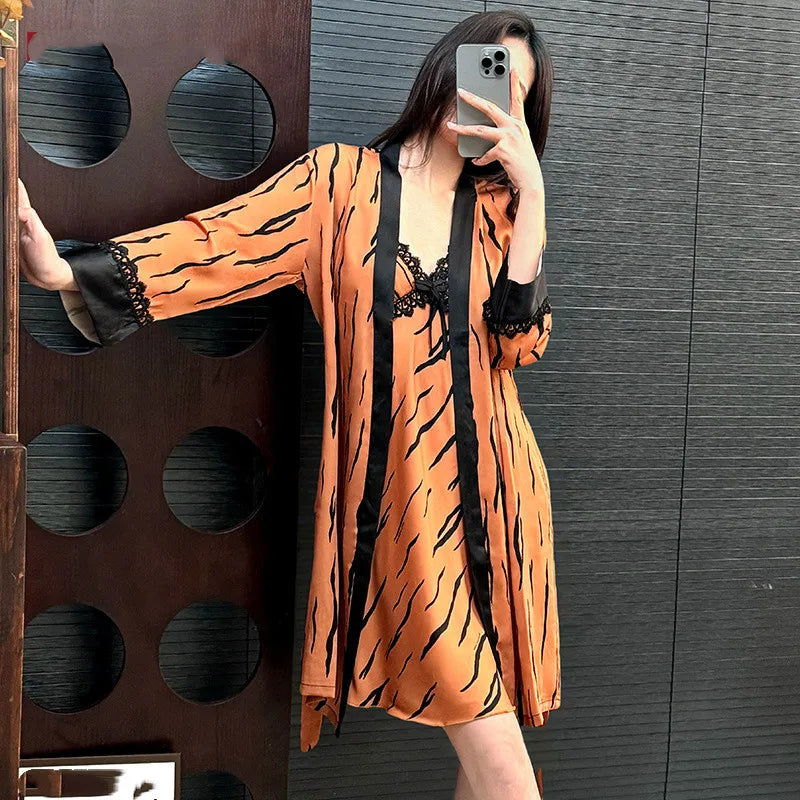 Female Nighty&Robe Set Sleepwear Summer Bathrobe Nightgown Sexy Lace Suspender Nightdress Home Dressing Gown Rayon Nightwear